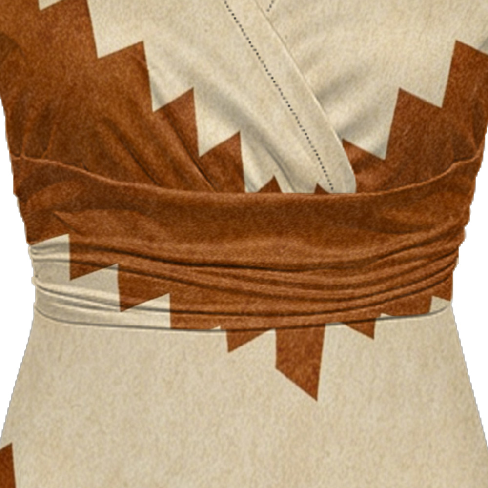 Tan & Brown Zigzag Cap Sleeve V-Neck Midi Dress VTS673