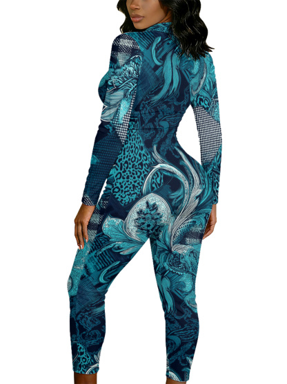 Teal Leopard & Art Nouveau Wave Long Sleeve Zip-Up Jumpsuit 