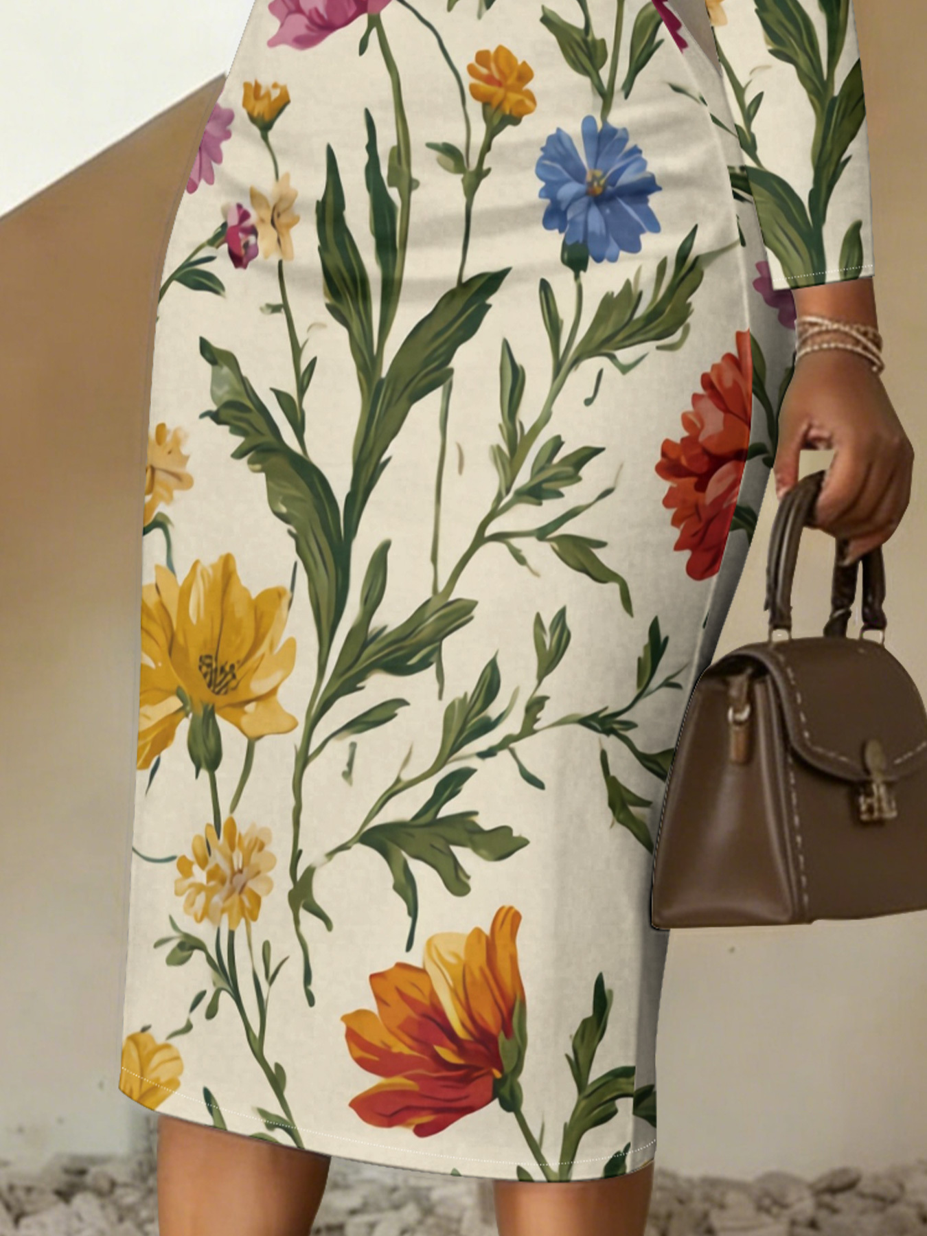 Vintage Botanical Floral V-Neck Bodycon Midi Dress ZBD1756