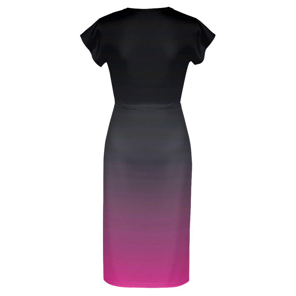 Black to Pink Ombre Cap Sleeve V-Neck Midi Dress BEH741