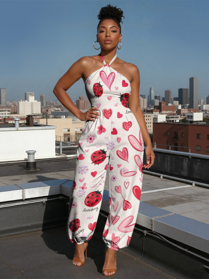 Lovebug & Heart Sleeveless Halter Jumpsuit