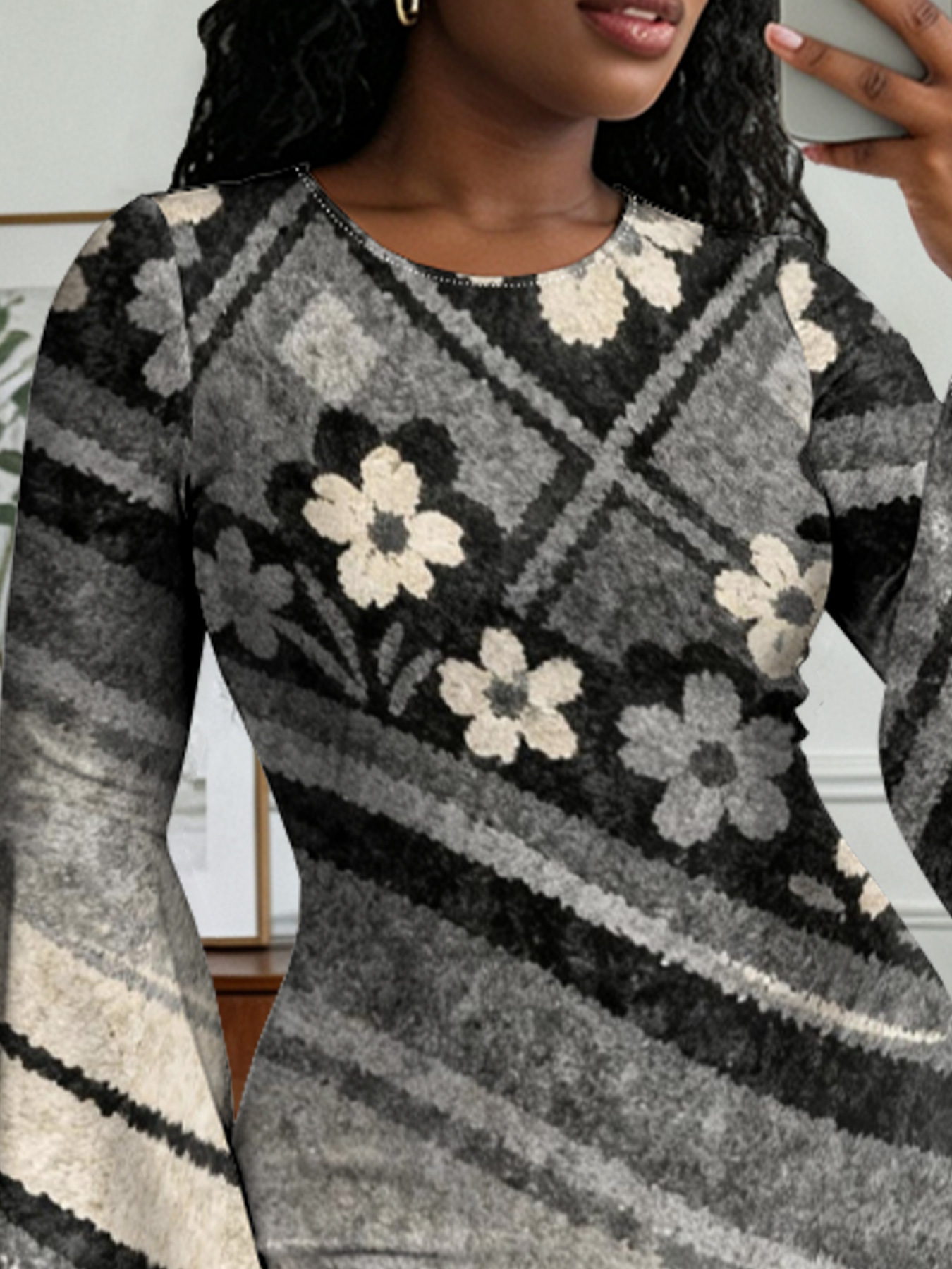 Grey Floral Flare Sleeve Bodycon Midi Dress PON420