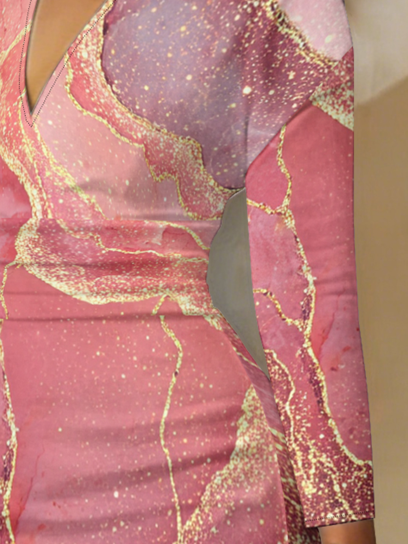 Pink & Gold Glitter Marble V-Neck Bodycon Midi Dress