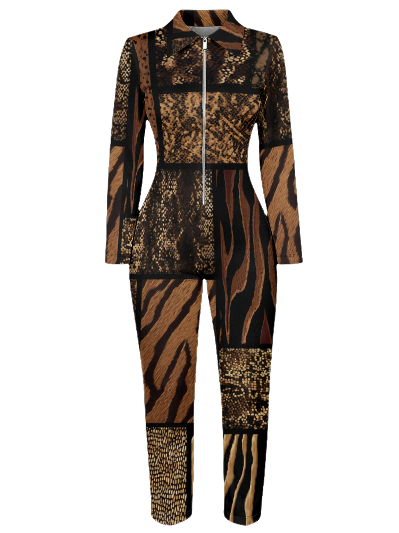 Mixed Animal Print Long Sleeve Zip-Up Jumpsuit