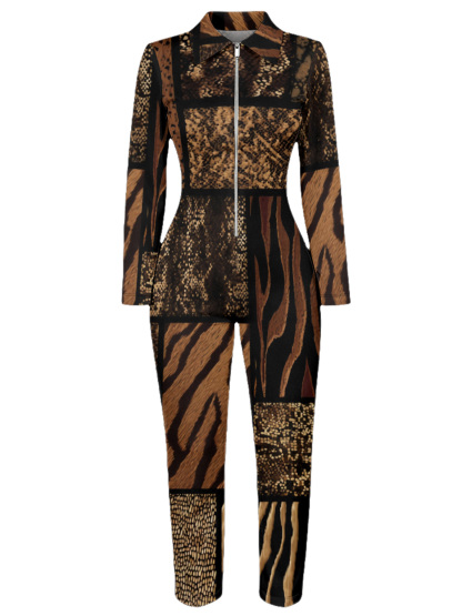 Mixed Animal Print Long Sleeve Zip-Up Jumpsuit