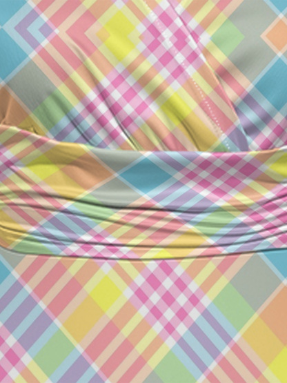 Rainbow Plaid Cap Sleeve V-Neck Midi Dress