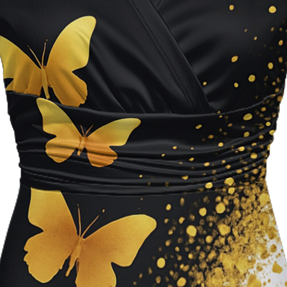 Black White Gold Butterfly Cap Sleeve V-Neck Midi Dress AEG642