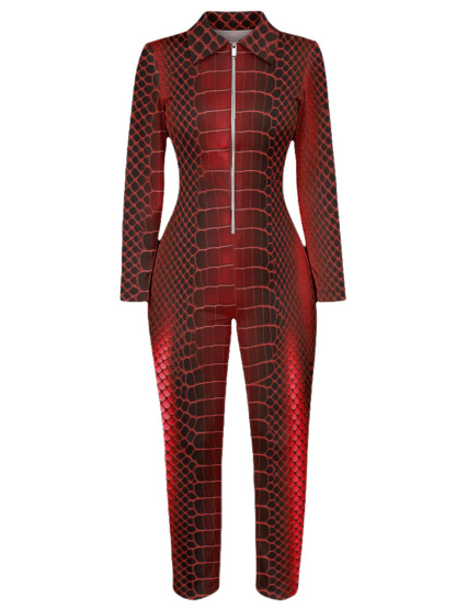 Red Snake Skin Long Sleeve Zip-Up Jumpsuit 