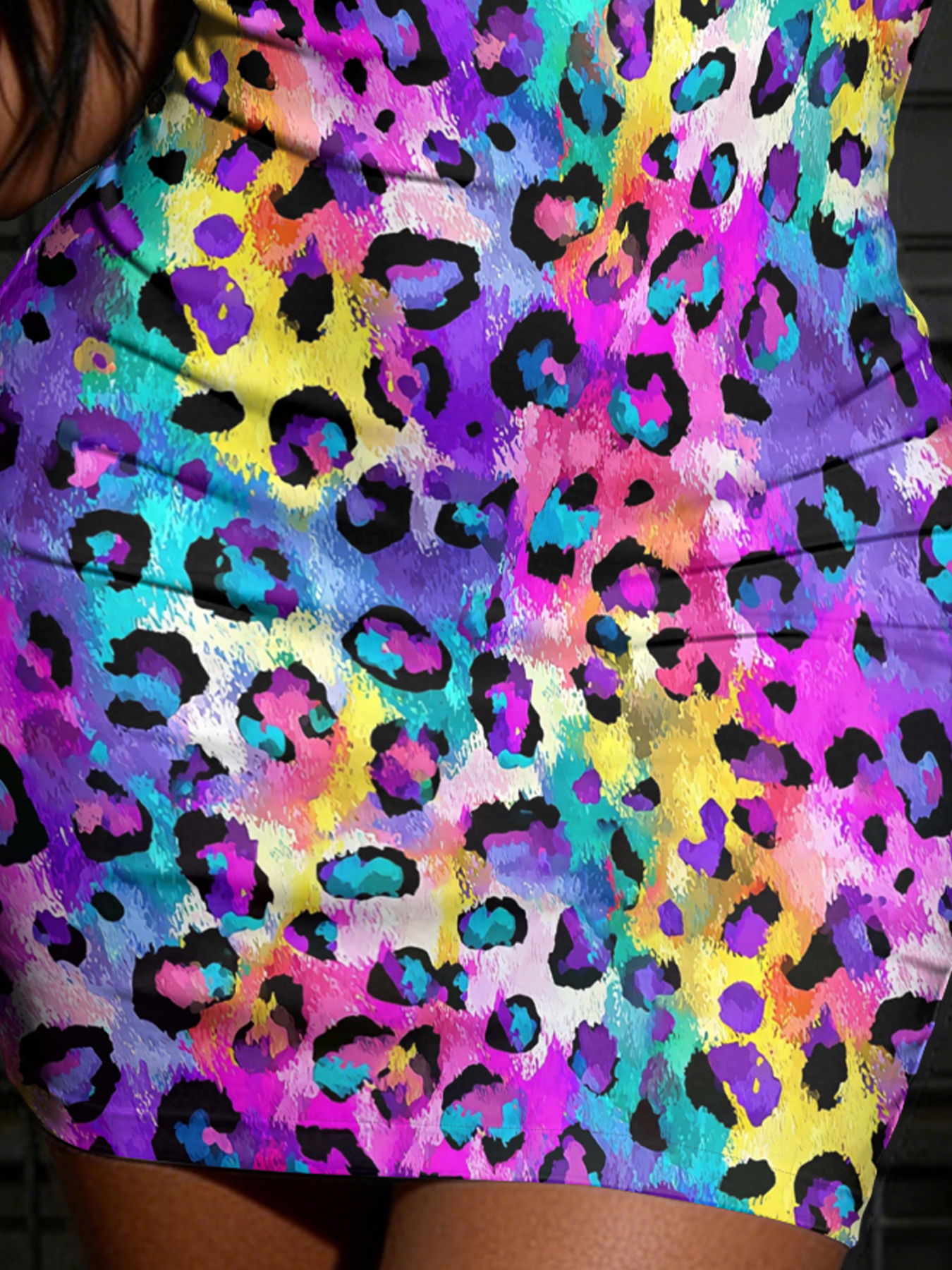 Rainbow Multicolor Leopard U-neckline Bodycon Mini Dress XWUT35