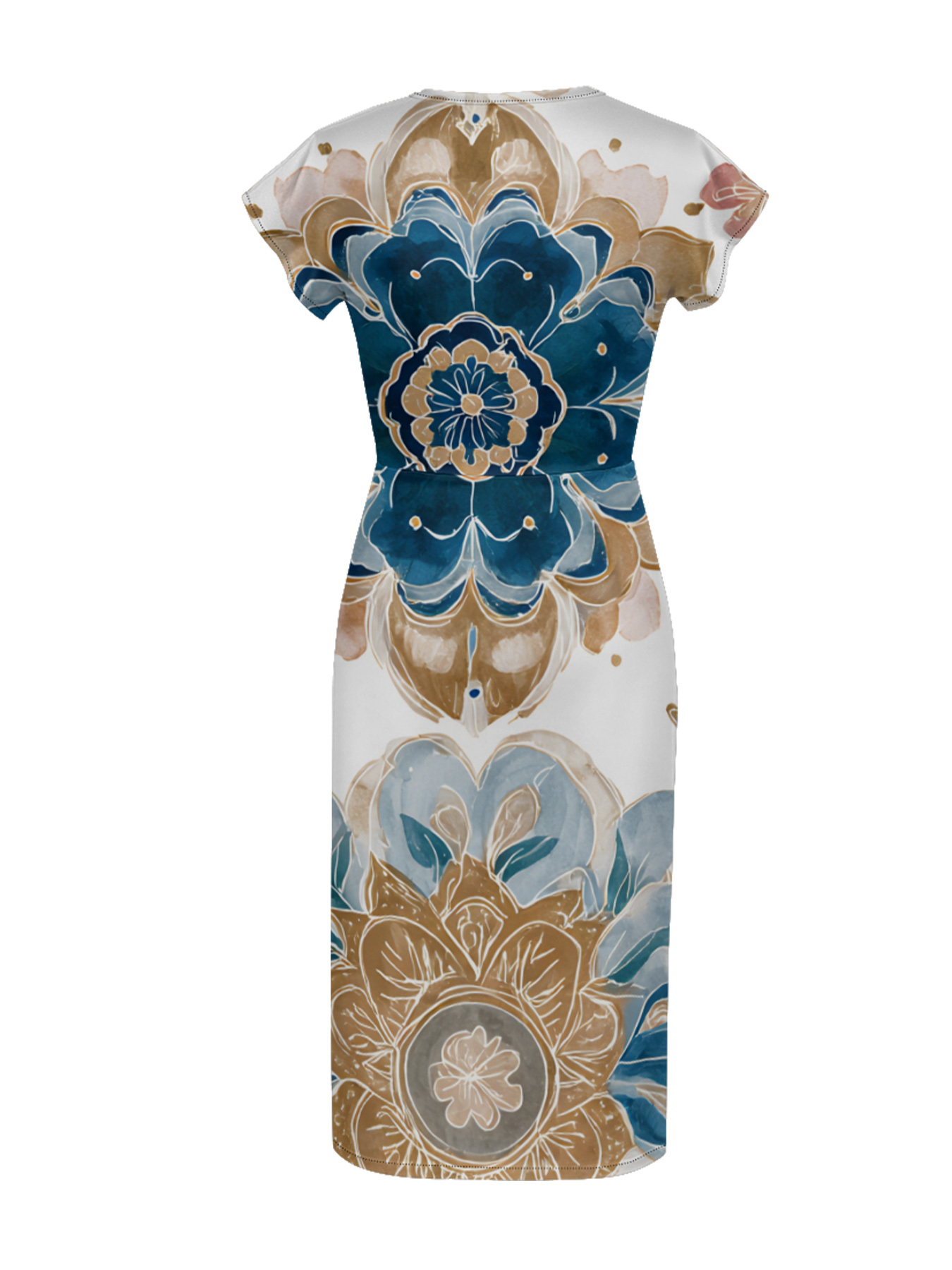 Blue & Gold Floral Cap Sleeve V-Neck Midi Dress OIJUY8678