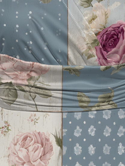 Vintage Dusty Blue Rose Patchwork Cap Sleeve V-Neck Midi Dress IUO0113