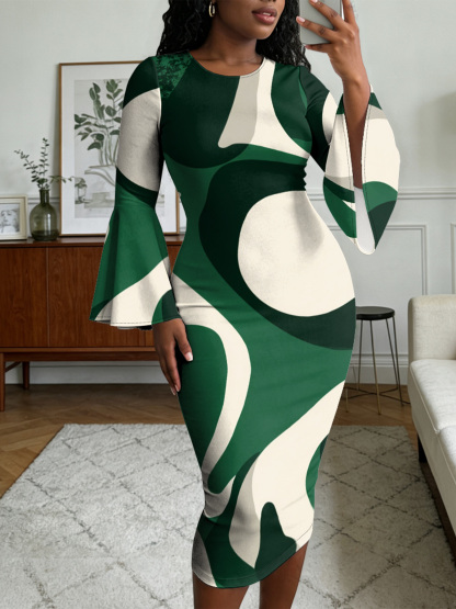 Green & White Abstract Flare Sleeve Bodycon Midi Dress