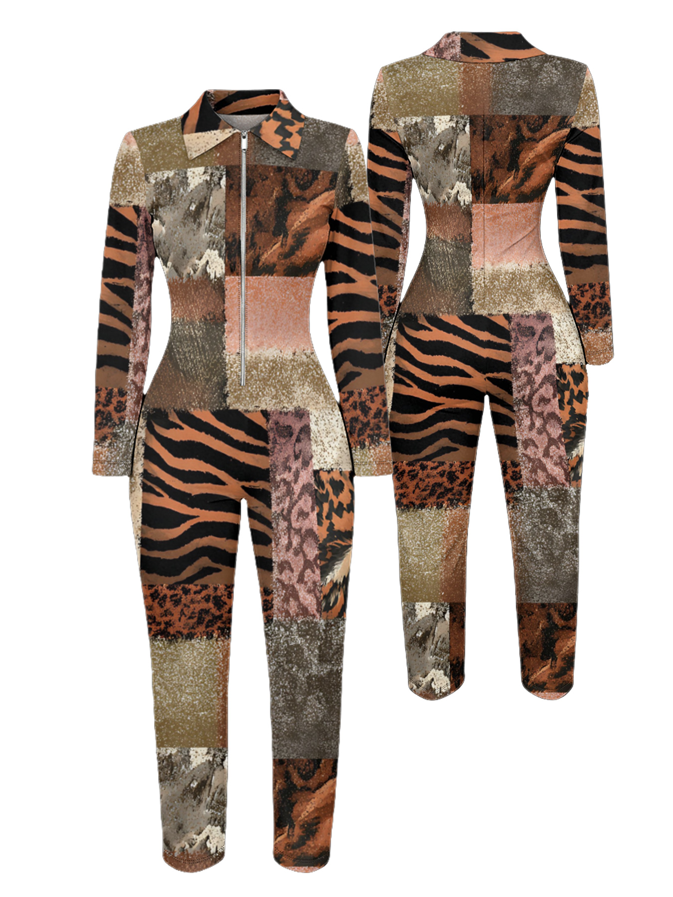 Patchwork Tiger & Camo Long Sleeve Zip-Up Jumpsuit 