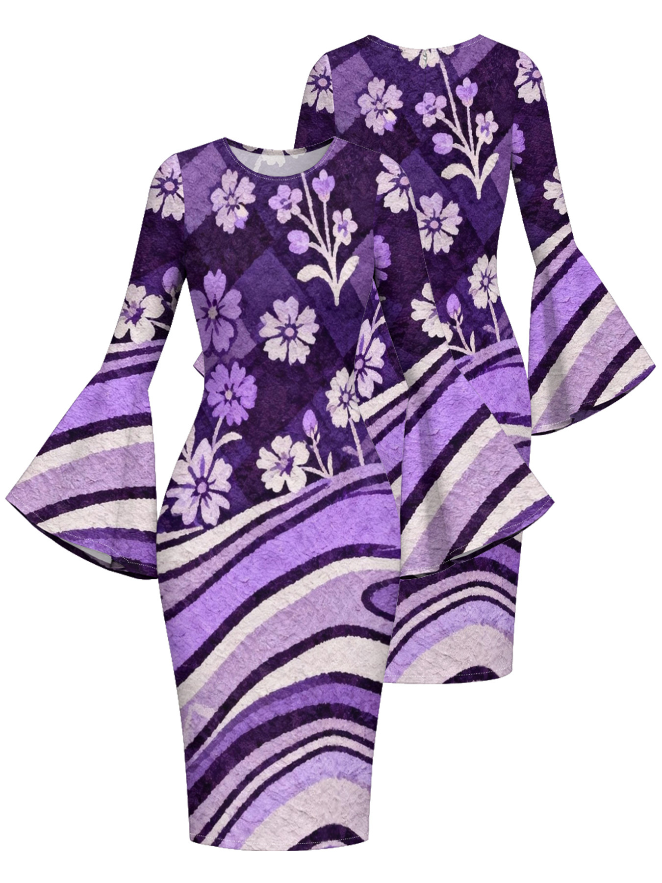 Purple Floral Stripe Flare Sleeve Bodycon Midi Dress LKJ852