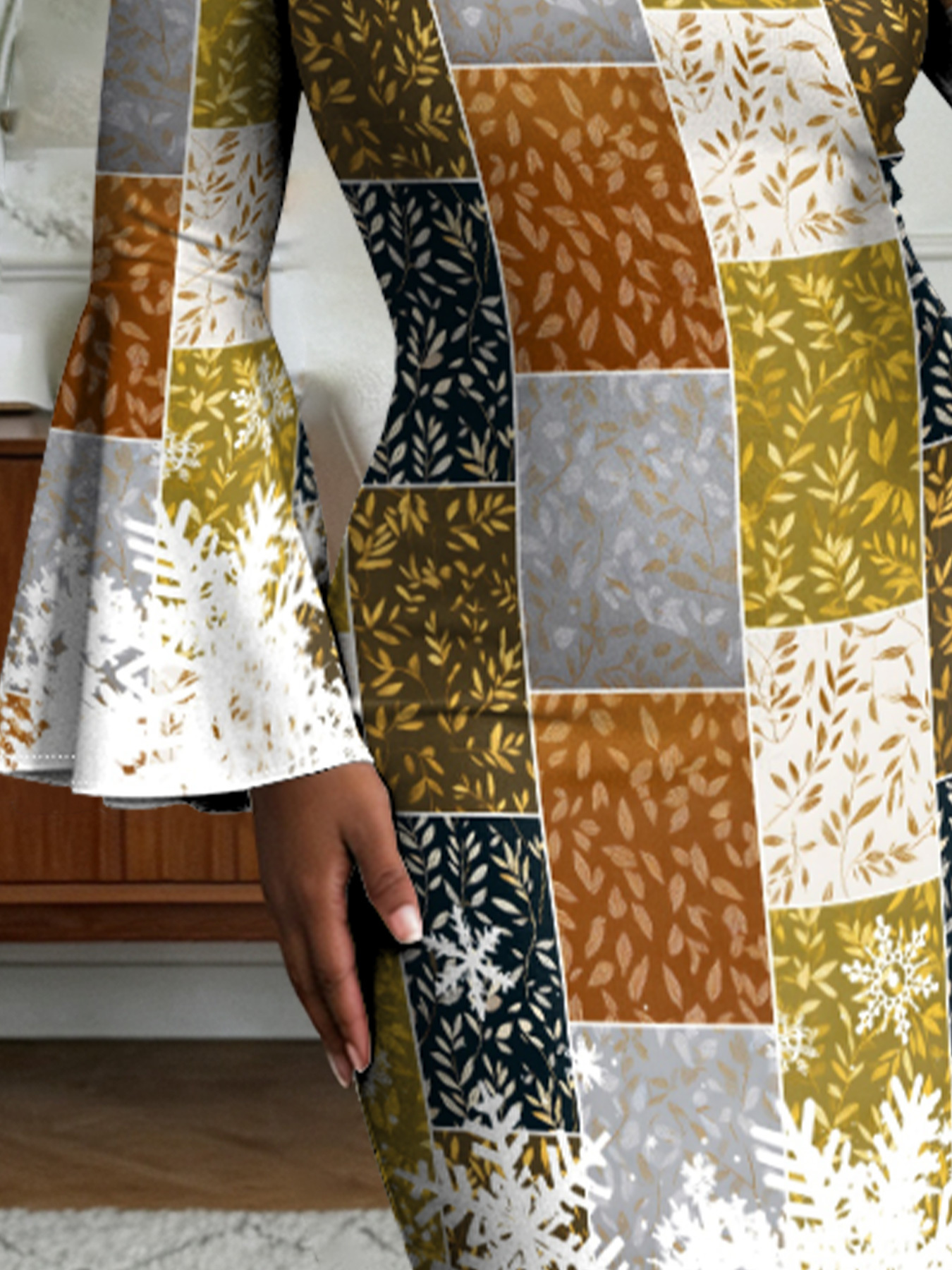 Autumn Patchwork Snowflake Flare Sleeve Bodycon Midi Dress