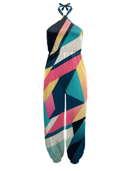 Colorful Geometric Sleeveless Halter Jumpsuit