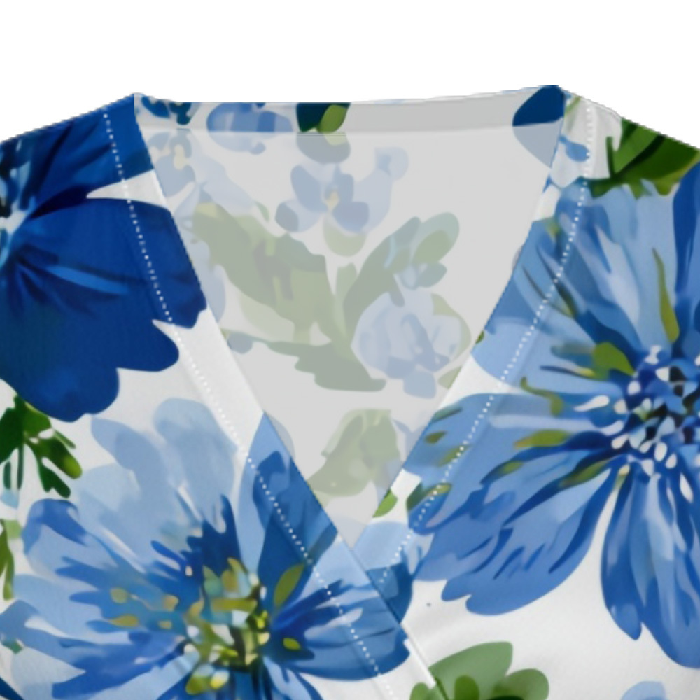 Blue Floral Watercolor Stripe Striped Cap Sleeve V-Neck Midi Dress ADG148
