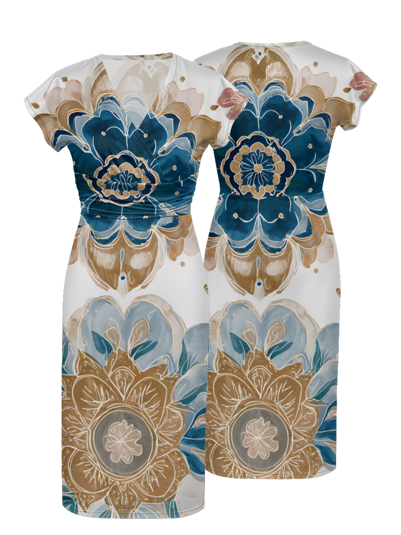Blue & Gold Floral Cap Sleeve V-Neck Midi Dress OIJUY8678