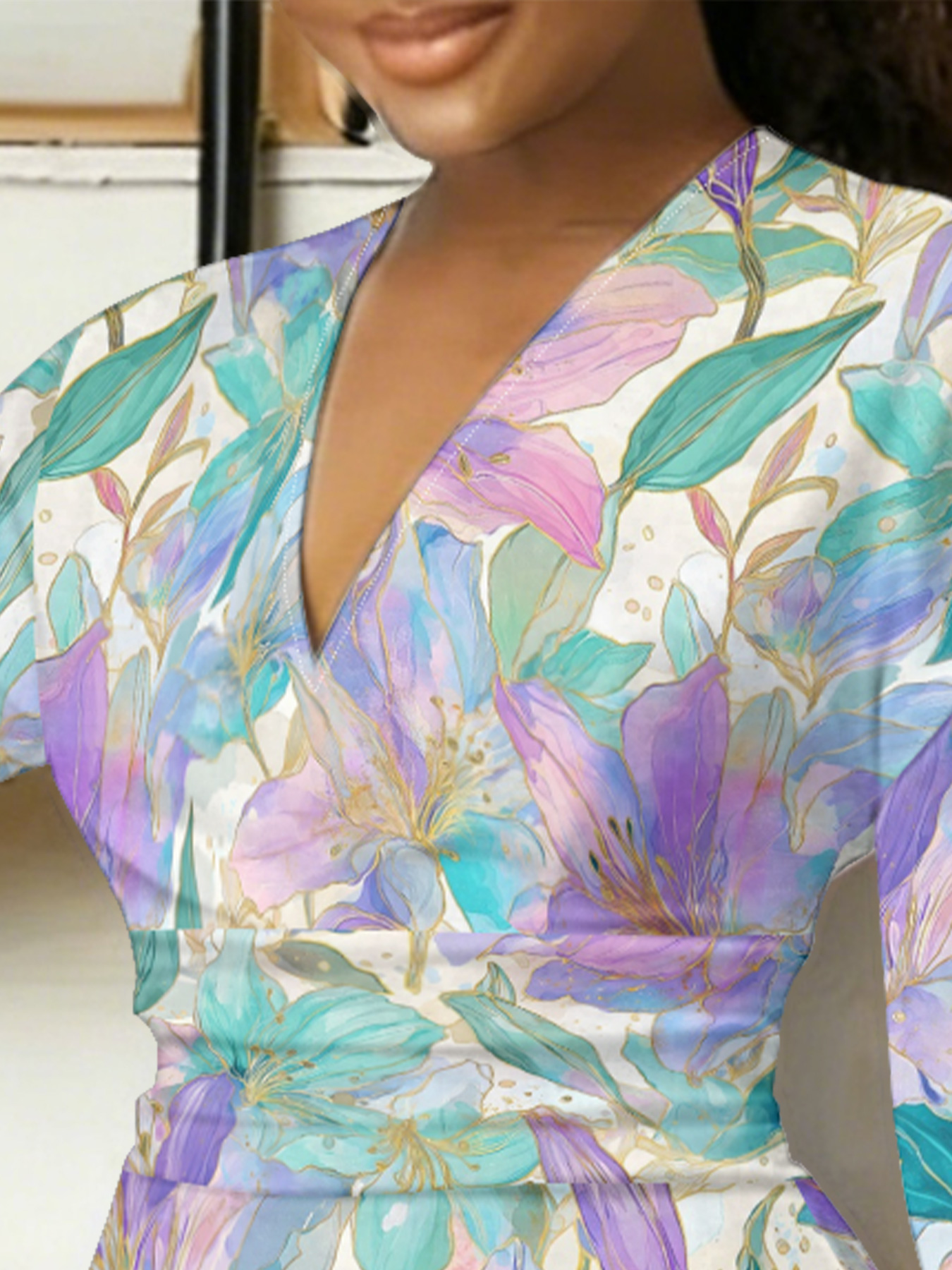 Pastel Lily Watercolor V-Neck Bodycon Midi Dress