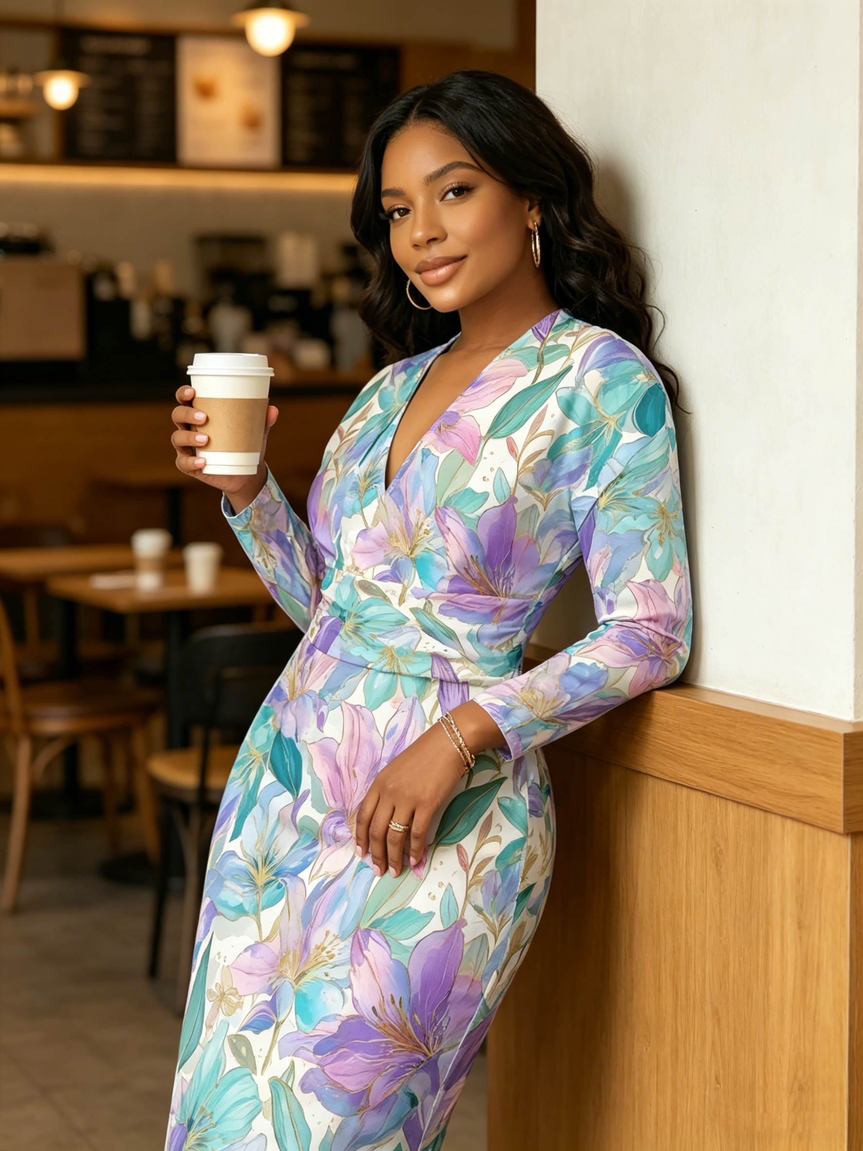Pastel Lily Watercolor V-Neck Bodycon Midi Dress