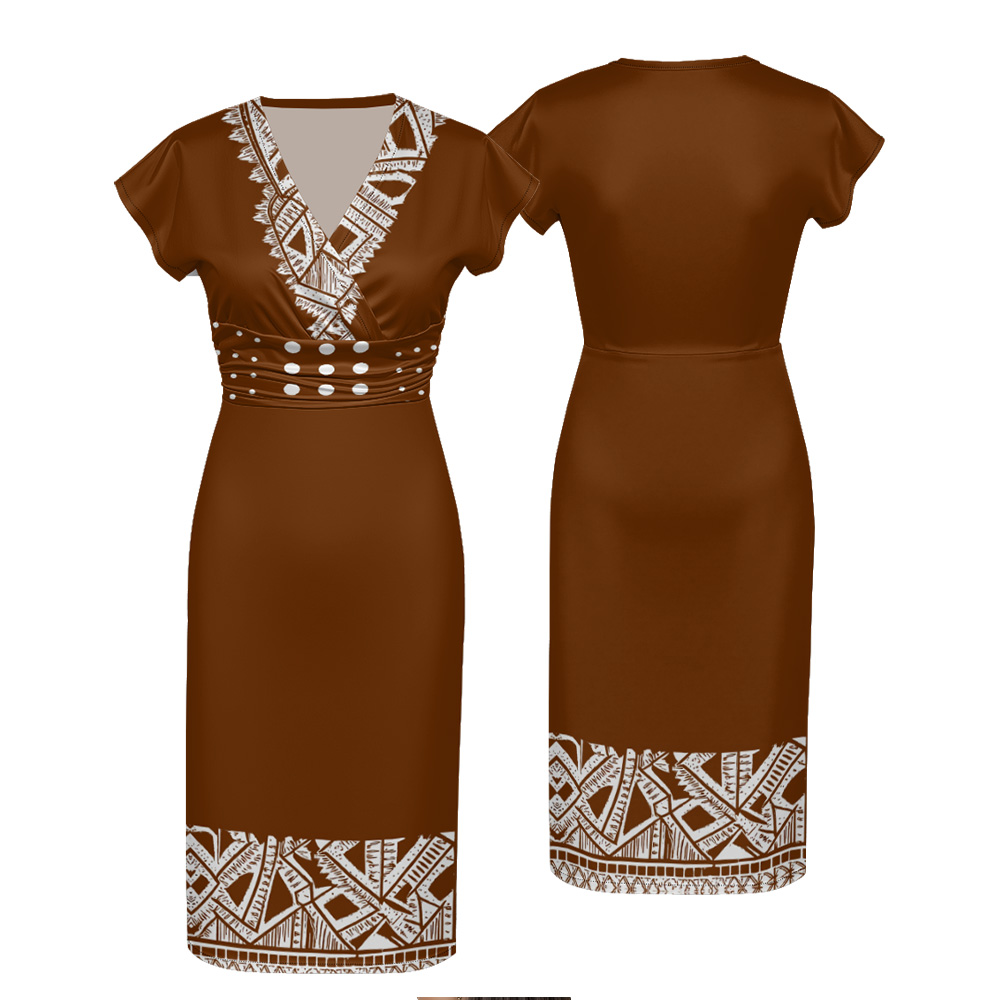 Terracotta White Tribal Cap Sleeve V-Neck Midi Dress
