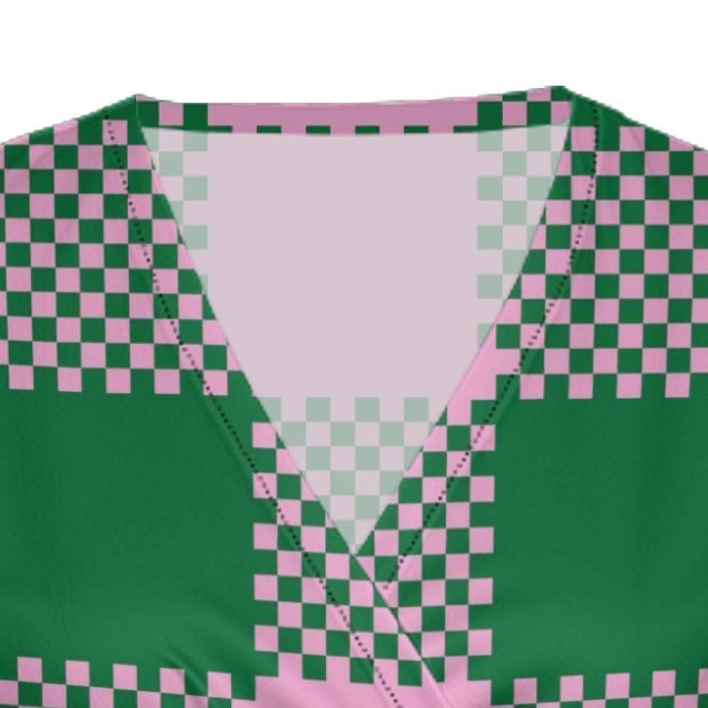 Pink Green Checkerboard Cap Sleeve V-Neck Midi Dress BCF963