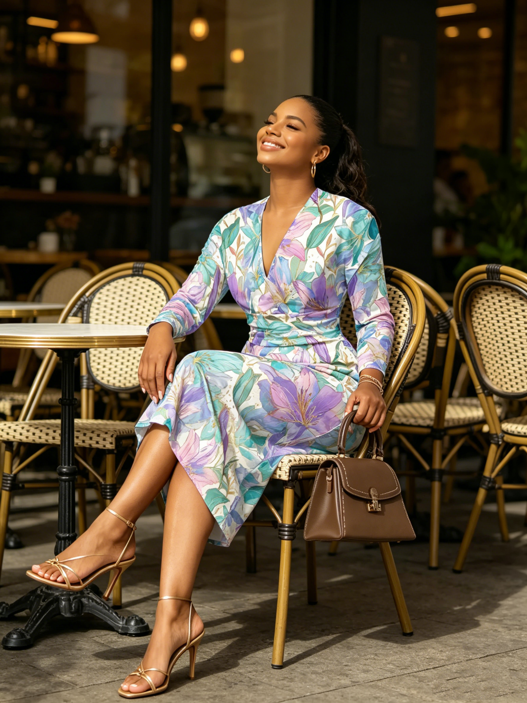 Pastel Lily Watercolor V-Neck Bodycon Midi Dress