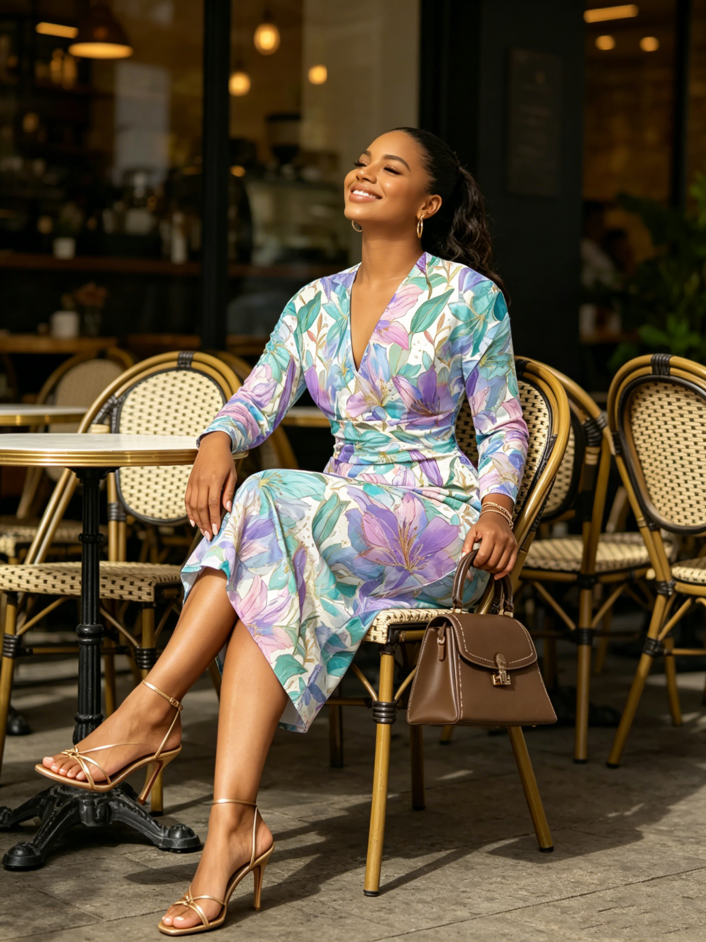 Pastel Lily Watercolor V-Neck Bodycon Midi Dress
