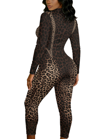 Classic Brown Leopard Long Sleeve Zip-Up Jumpsuit 