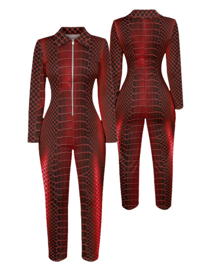 Red Snake Skin Long Sleeve Zip-Up Jumpsuit 