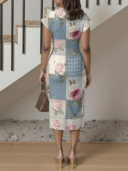 Vintage Dusty Blue Rose Patchwork Cap Sleeve V-Neck Midi Dress IUO0113