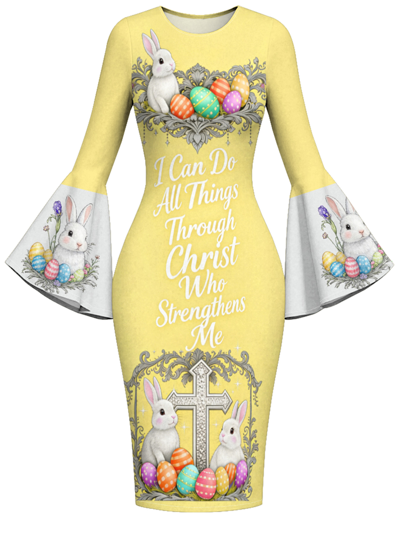 Sunny Yellow Easter Bunny Cross Easter Flare Sleeve Bodycon Midi Dress