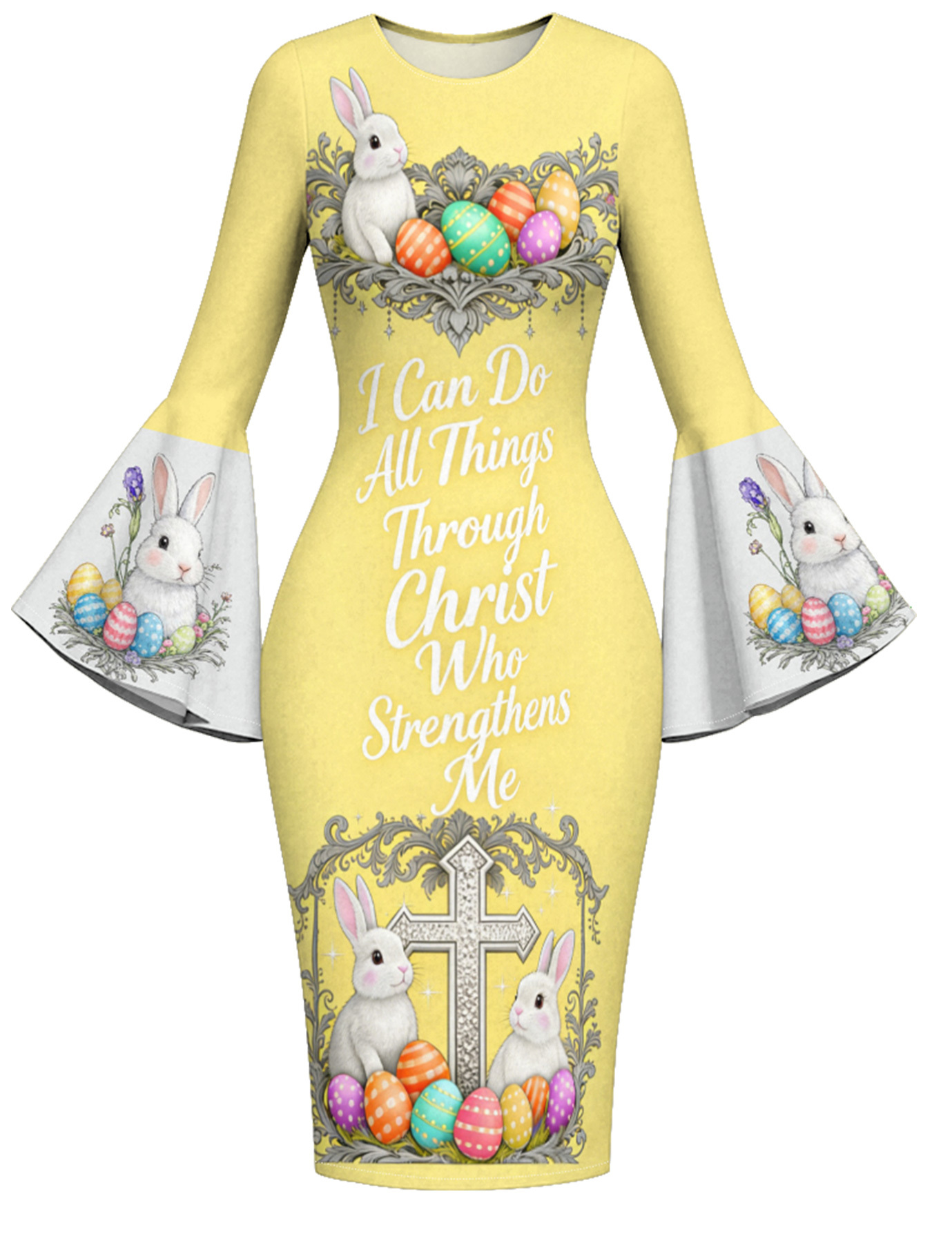 Sunny Yellow Easter Bunny Cross Easter Flare Sleeve Bodycon Midi Dress