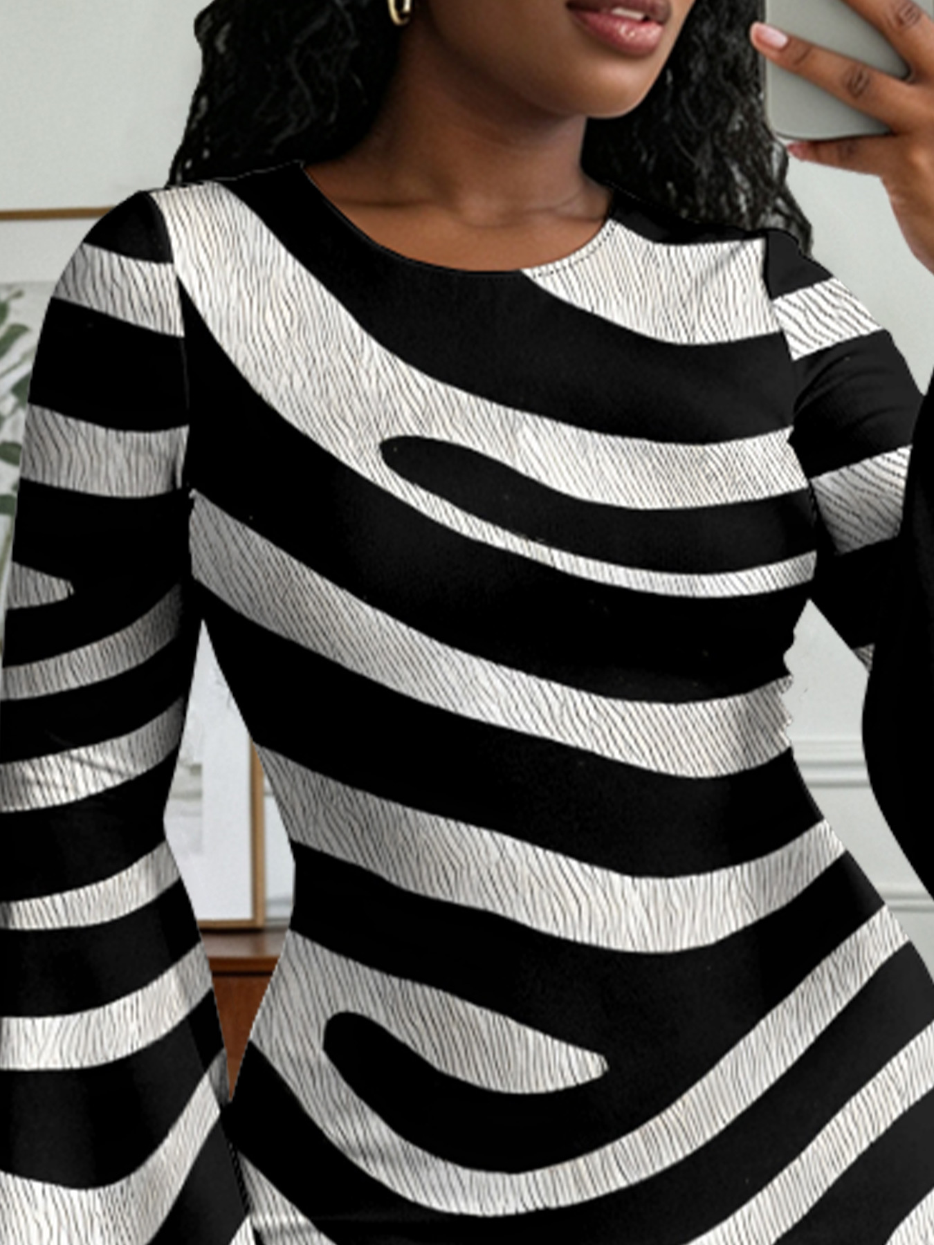 Zebra Stripe Flare Sleeve Bodycon Midi Dress
