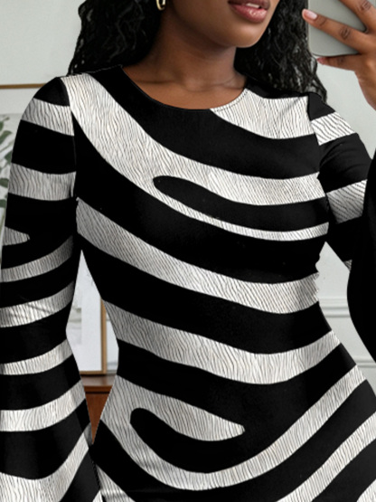 Zebra Stripe Flare Sleeve Bodycon Midi Dress