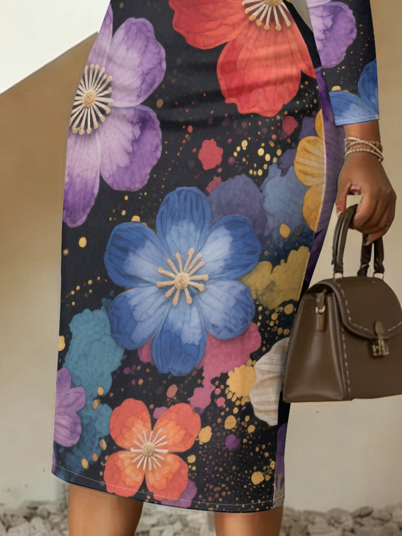 Vibrant Watercolor Floral V-Neck Bodycon Midi Dress PRW4732