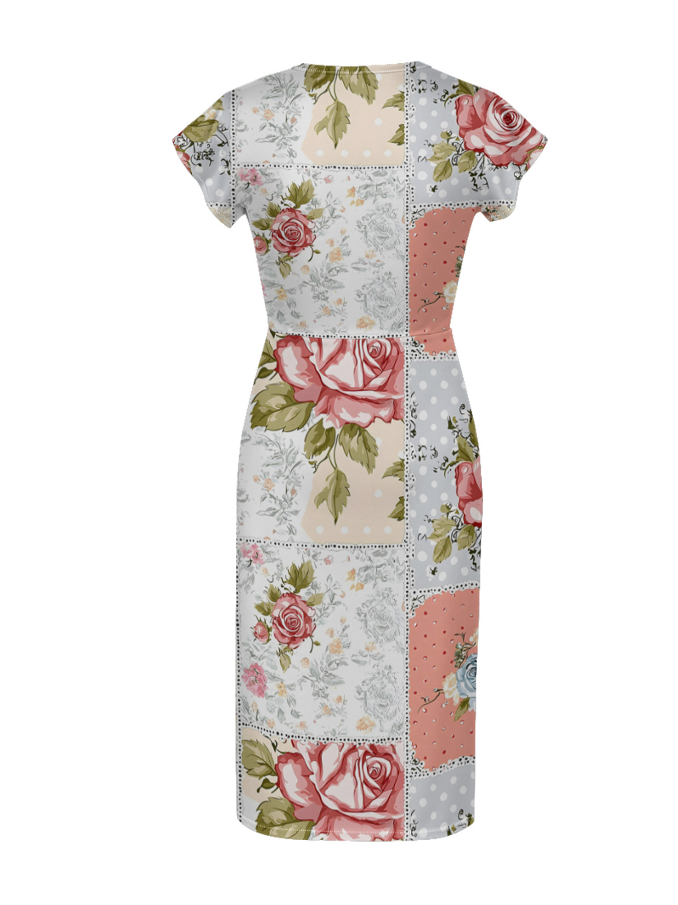 Romantic Rose Patchwork Wrap Cap Sleeve V-Neck Midi Dress IUO6821