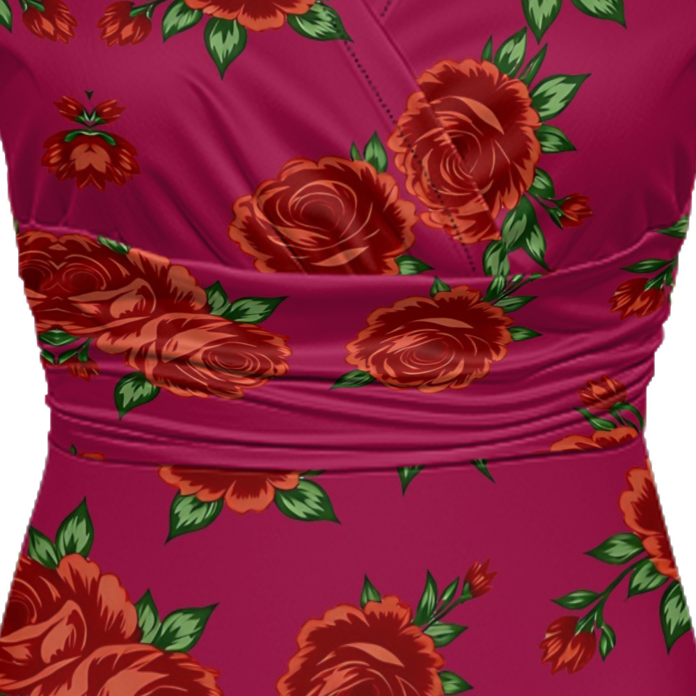 Fuchsia Red Rose Cap Sleeve V-Neck Midi Dress AGI420