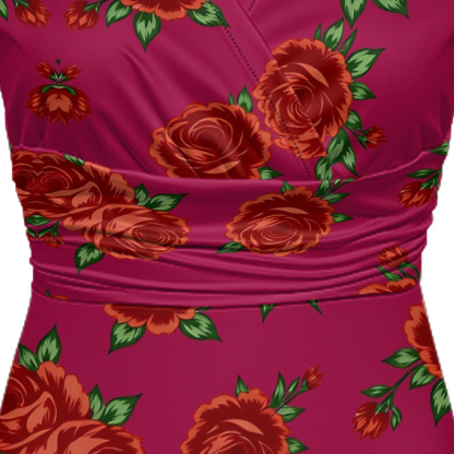 Fuchsia Red Rose Cap Sleeve V-Neck Midi Dress AGI420