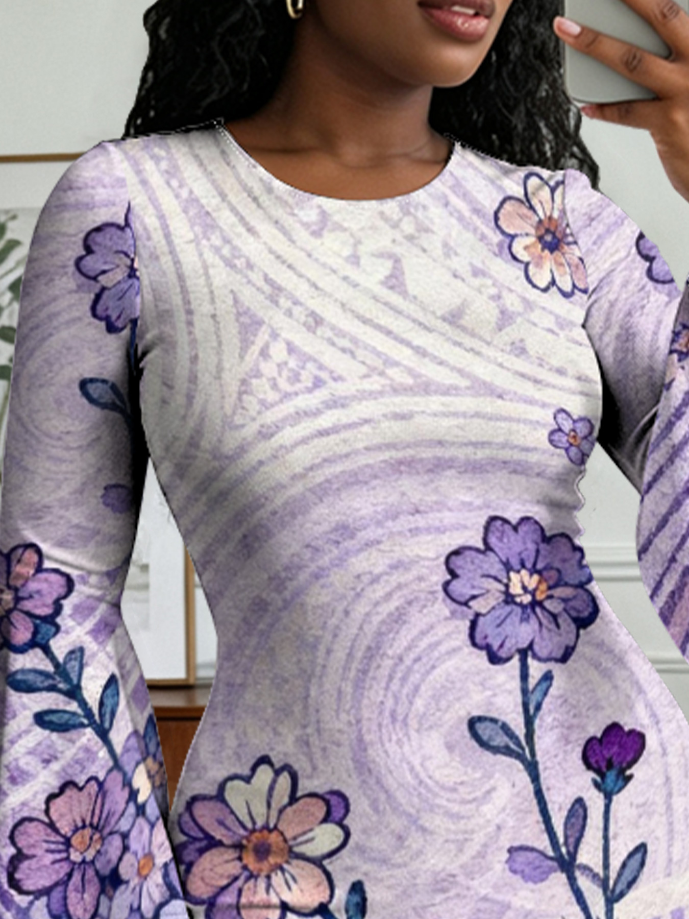 Lavender Swirl Floral Flare Sleeve Bodycon Midi Dress XWU620