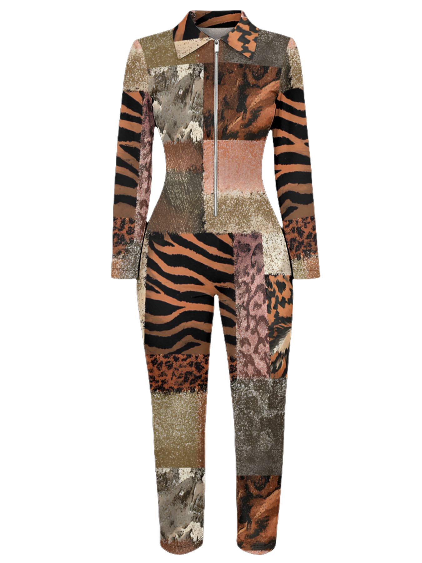 Patchwork Tiger & Camo Long Sleeve Zip-Up Jumpsuit 