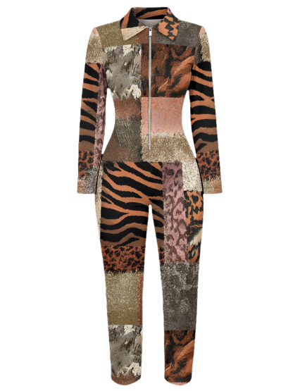 Patchwork Tiger & Camo Long Sleeve Zip-Up Jumpsuit 