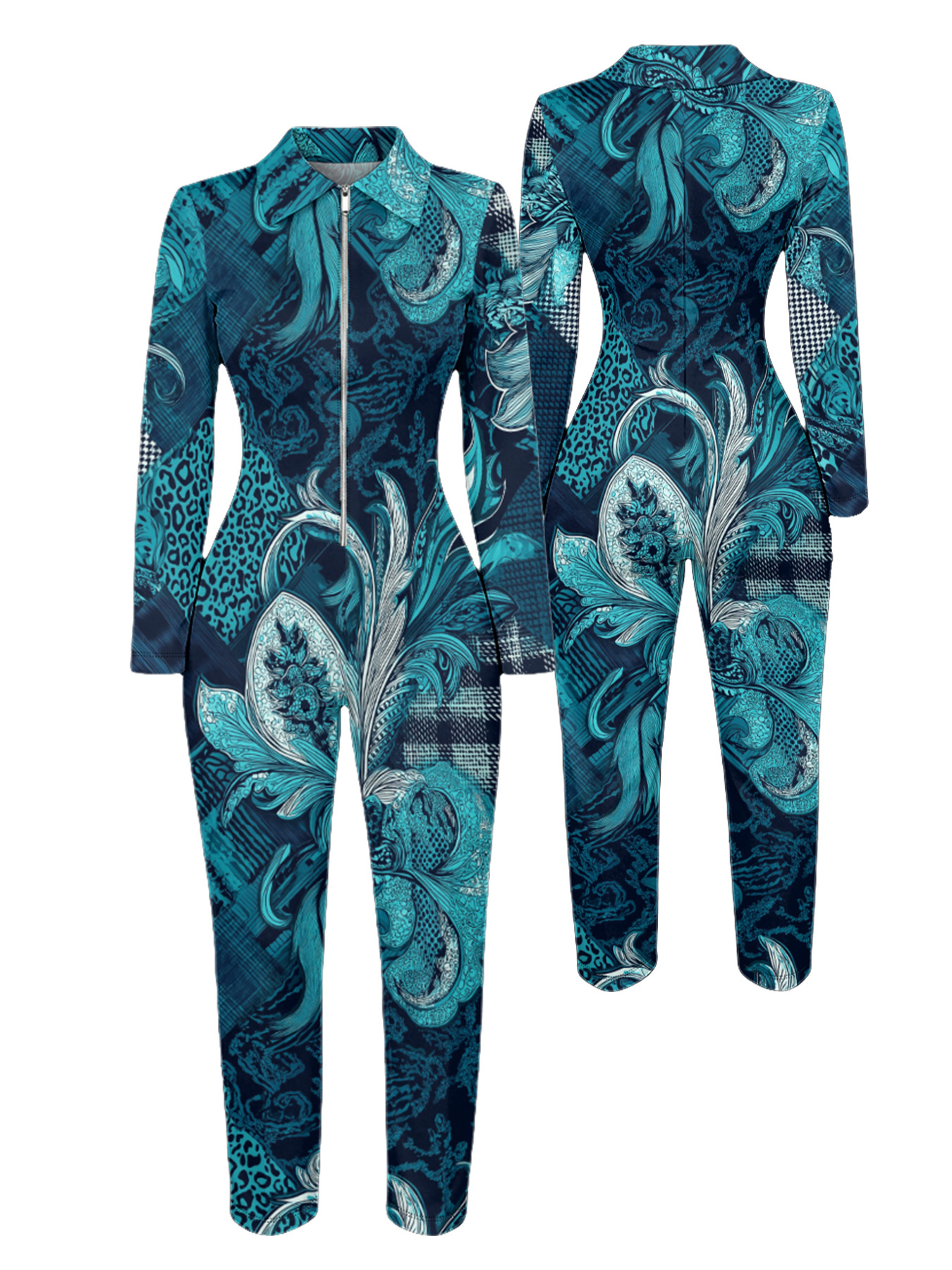Teal Leopard & Art Nouveau Wave Long Sleeve Zip-Up Jumpsuit 