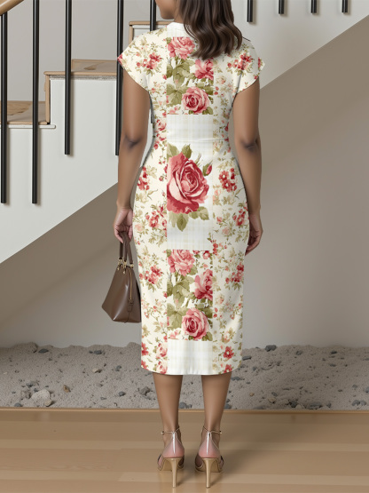 Vintage Rose Patchwork Cap Sleeve V-Neck Midi Dress IUO6821