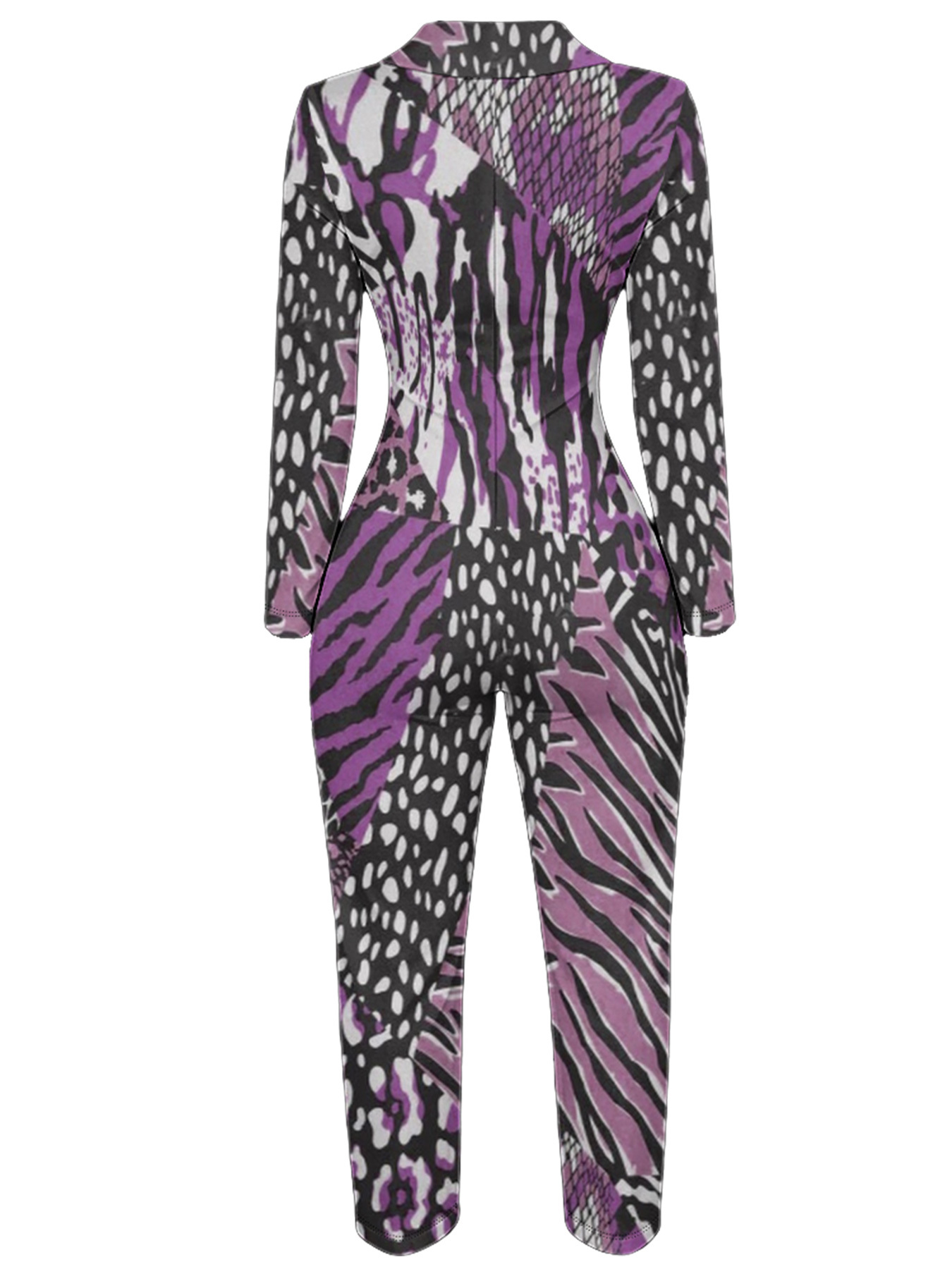 Purple Zebra & Leopard Mixed Long Sleeve Zip-Up Jumpsuit 