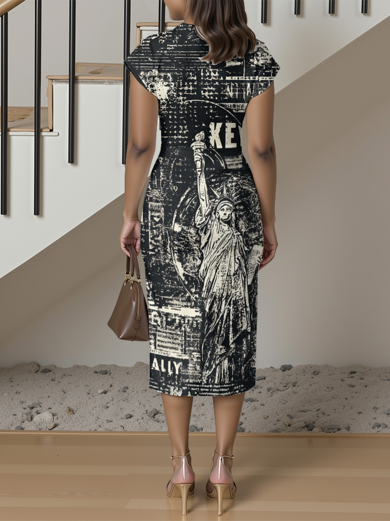 Statue of Liberty Newspaper Cap Sleeve V-Neck Midi Dress