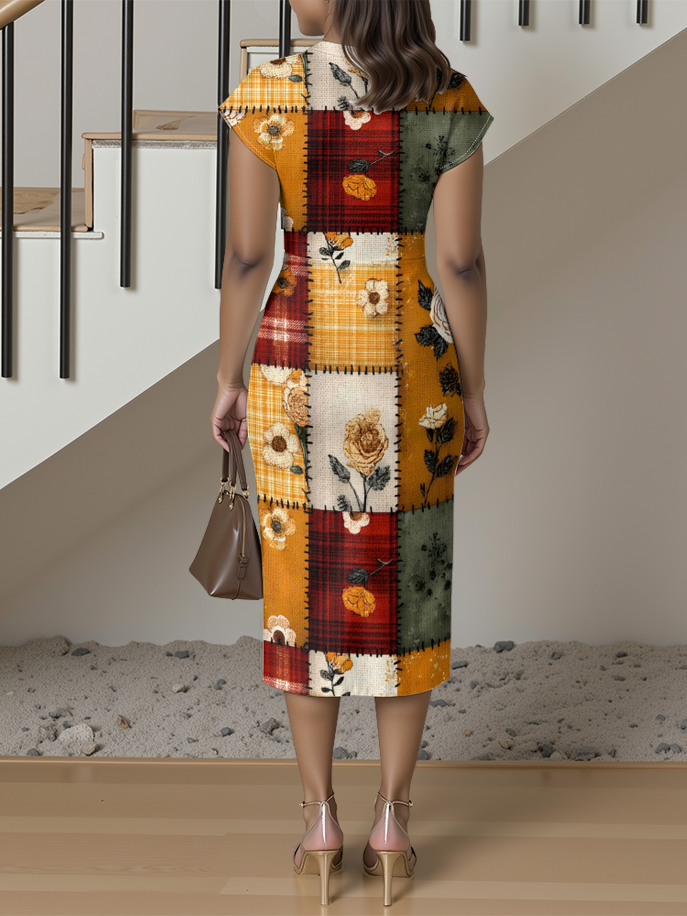 Autumn Floral Patchwork Cap Sleeve V-Neck Midi Dress IUOP080