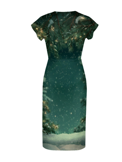 Winter Pine & Snow Cap Sleeve V-Neck Midi Dress