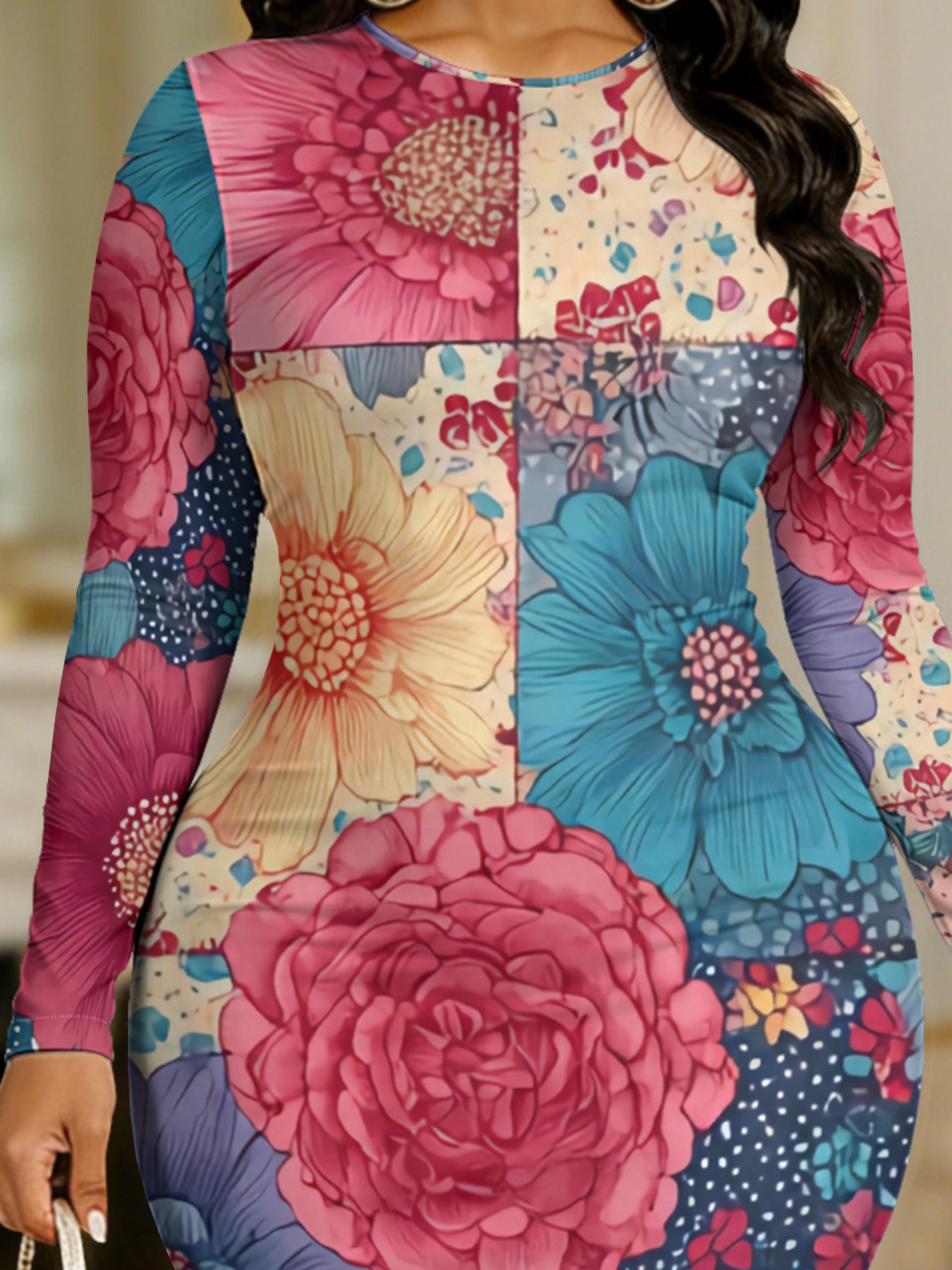 Patchwork Floral Round Sleeve Neck Long Bodycon Dress