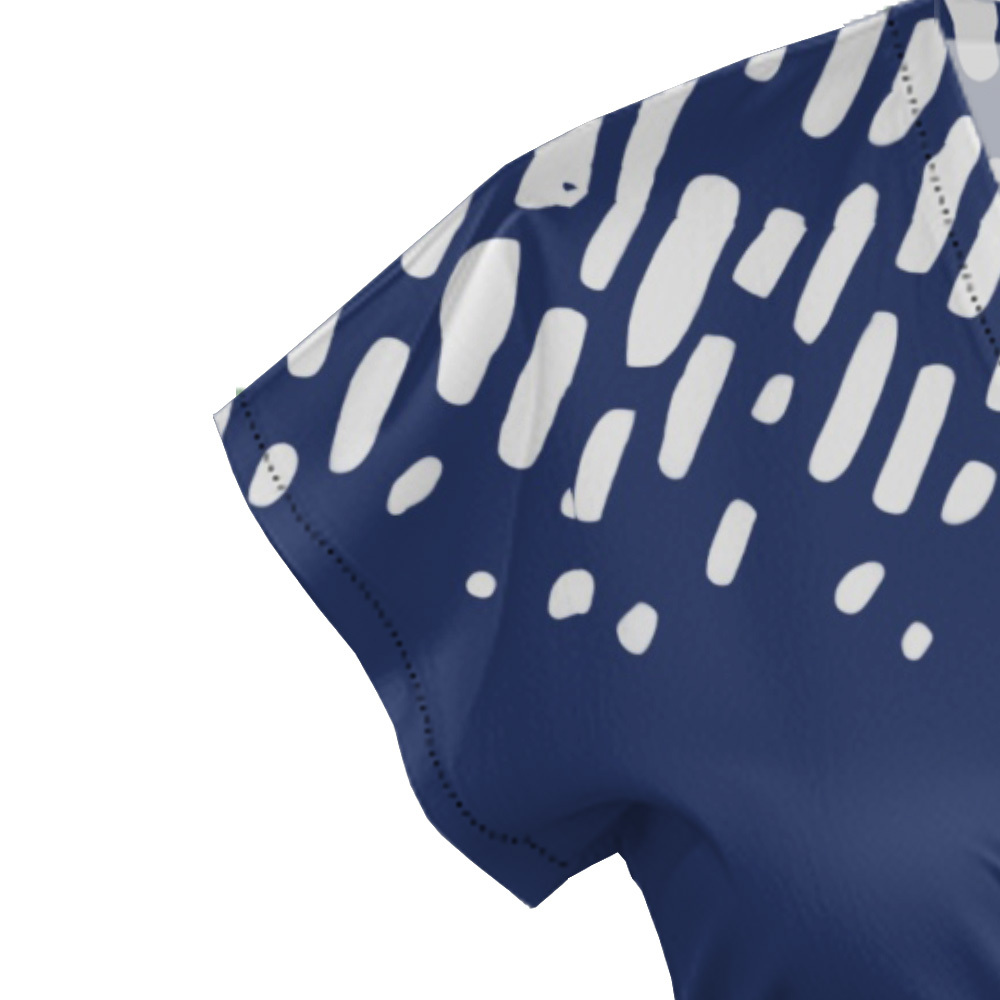 Navy White Brushstroke Cap Sleeve V-Neck Midi Dress CDE951